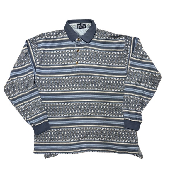 Honors Other - Honors Vintage Mens Large Blue Geometric Diamond Striped Long Sleeve Polo Shirt